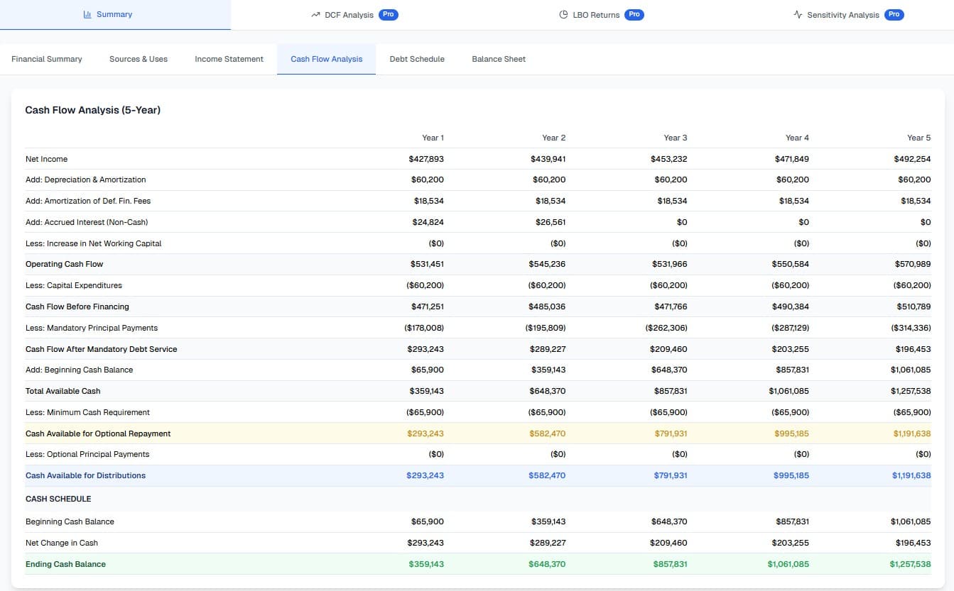 Cash flow analysis and detailed outputs