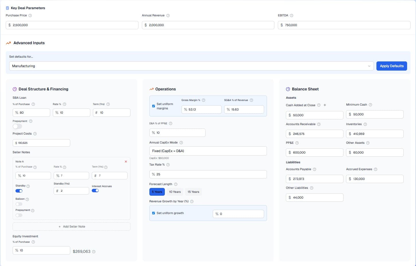 Key inputs and industry selection options